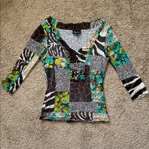 Vintage Y2K Patchwork Animal Print Jungle V Neck 3/4 Sleeve Silk Top